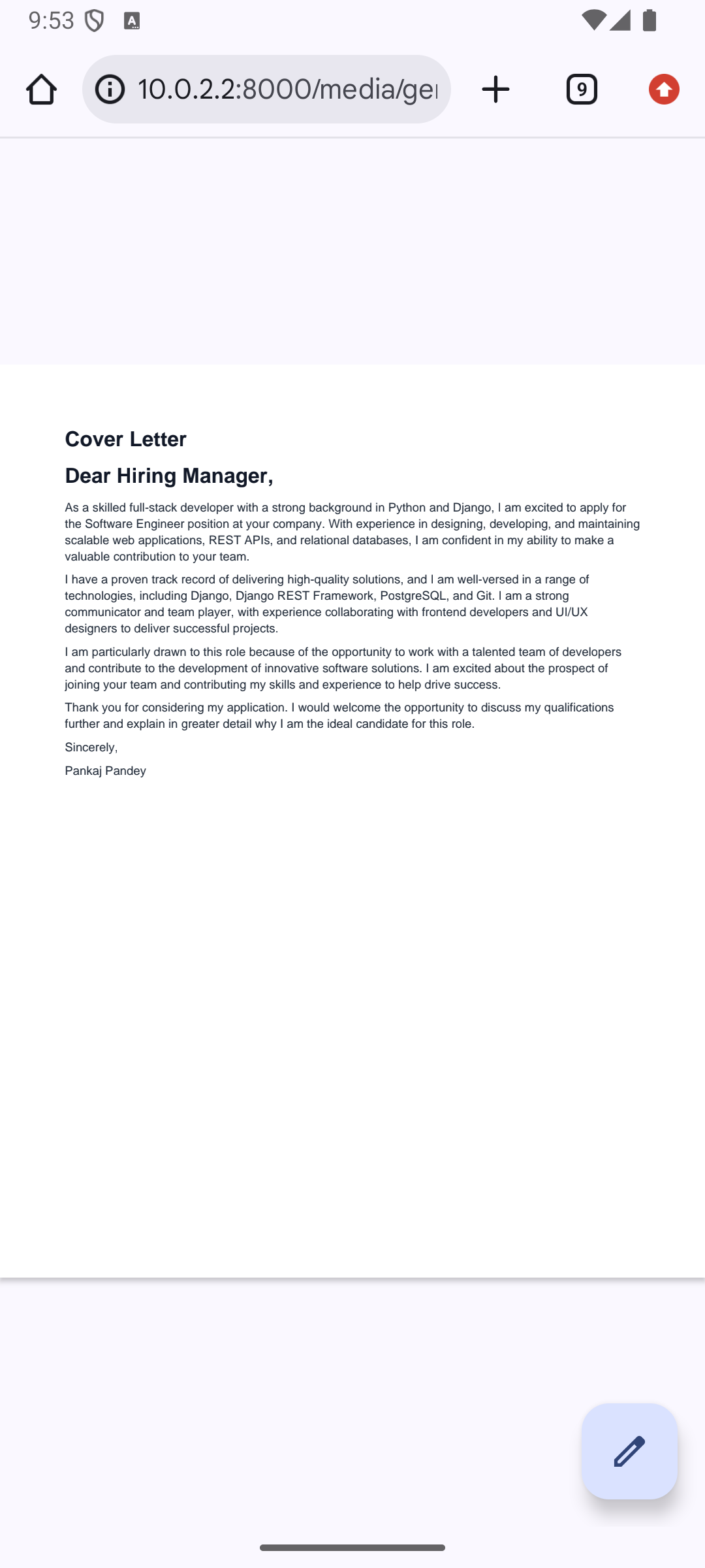 VectorCV Tailored Cover Letter