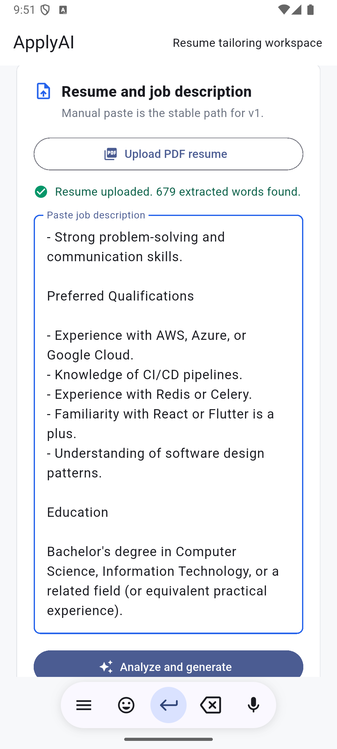 VectorCV Job Description Input